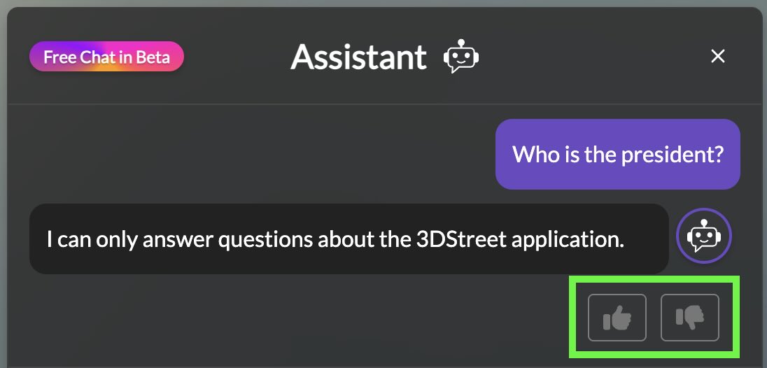 Screenshot showing the 3DStreet AI Assistant interface with a sample prompt
